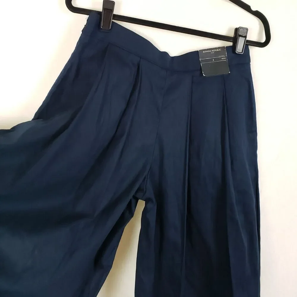 Banana Republic Minimalist Linen Blend Pleated Wide Leg Pants Womens 6P Navy